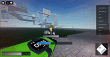 a screenshot of a video game shows a person standing in front of a green car with the word o on it