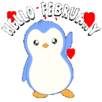 a penguin is holding a red heart with the words hello february below it