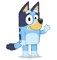 a blue cartoon dog is waving his hand
