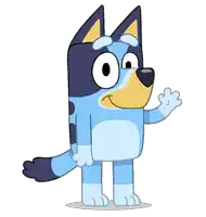 a blue cartoon dog is waving his hand