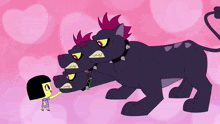 a cartoon drawing of a girl standing next to a three headed monster