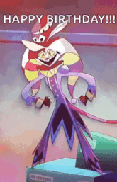 a cartoon character is standing in front of a machine and says `` happy birthday !!! ''