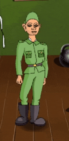 a cartoon of a man in a green uniform standing on a wooden floor
