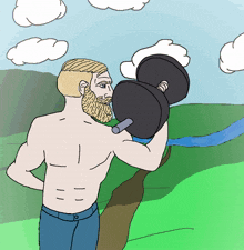a man with a beard is lifting a dumbbell in a cartoon