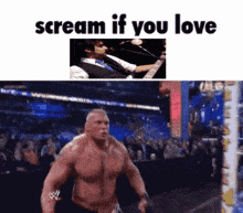a picture of a man playing a guitar next to a picture of a wrestler with the caption scream if you love