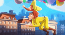 a man is carrying a monkey on his back while flying through the air .