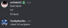 a screenshot of a discord conversation between notfakeg2 and totallynotakz