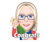 a cartoon of a woman holding a bottle of champagne with the words congrats written below her