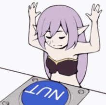 a cartoon of a girl with purple hair pressing a button that says nut .