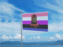 a flag with a picture of thomas the tank engine on it