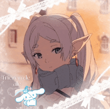a drawing of a girl with a scarf around her neck and the words " frieren de ale " below her
