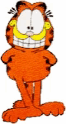 a cartoon character named garfield is standing with his hands on his hips and smiling .