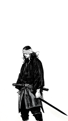 a black and white drawing of a samurai holding a sword with his eyes closed .