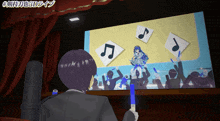 a man in a suit is watching a video of a girl on a stage with music notes flying around her