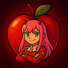 a girl with pink hair and horns stands in front of an apple