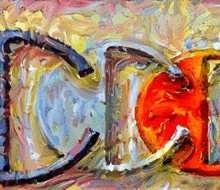 a close up of a painting of two cups