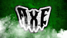the word axe is written in white on a green background surrounded by smoke .