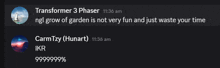 a screenshot of a conversation between transformer 3 phaser and carmtzy ( hunart )
