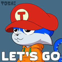 a cartoon of a cat wearing a red hat with the words let 's go below it