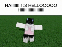 a cartoon character with horns is standing in the grass and says " 3 hellooooo "