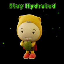 a cartoon character drinking from a coconut with the words stay hydrated behind him