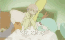 a girl is sitting on a bed with stuffed animals and the words vivi vinny written on the bottom .