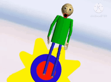 a cartoon character is standing in front of a yellow sun and a blue circle .