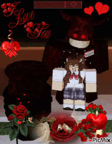 a picture of a girl and a monster with the words " i love you " in the background