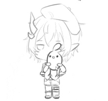 a drawing of a boy with horns holding a stuffed rabbit .