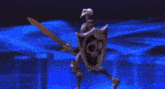 a statue of a skeleton with sharp teeth is standing in a dark room