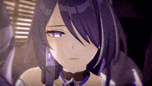 a close up of a purple haired anime girl with purple eyes and a choker .