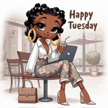 a cartoon of betty boop sitting at a table with a laptop