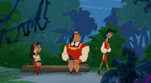 a cartoon of a man sitting on a log with two other people