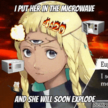 a picture of a girl with a microwave on her head and the caption i put her in the microwave and she will soon explode