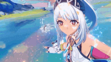 a girl with long white hair is standing in the water .