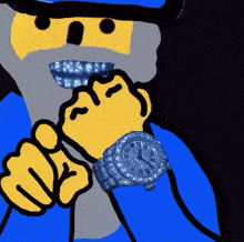 a cartoon drawing of a man wearing a watch with diamonds on it