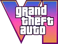 a logo for grand theft auto v with a purple and orange background