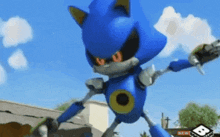 a cartoon character is standing in front of a building that says new on it