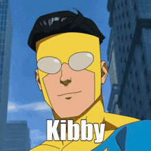 a cartoon superhero with the name kibby written on his face