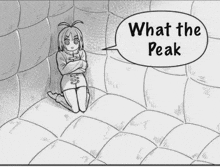 a black and white drawing of a girl in a straight jacket kneeling on a bed with a speech bubble .