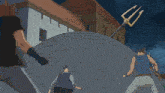 a man with a trident on his head stands in front of a brick wall