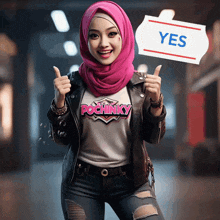 a woman wearing a hijab and a pochinky shirt holds a sign that says yes