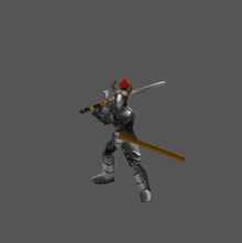 a knight in armor is holding a sword and wearing a red helmet