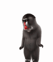 a monkey with a red nose is standing in front of a white backdrop