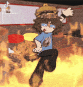 a cartoon character is standing in front of a fire in a restaurant .