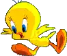 a yellow cartoon bird with blue eyes and orange feet is walking .