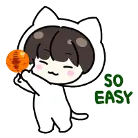 a cartoon drawing of a cat holding a ball and the words so easy below it