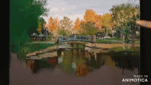 a painting of a bridge over a body of water made by animatica