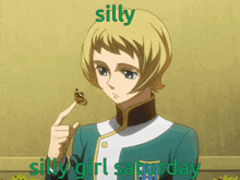 a picture of a girl with a butterfly on her finger and the words silly girl saturday below her