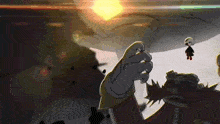 a cartoon character is standing in front of a flying object while another character is flying in the background .